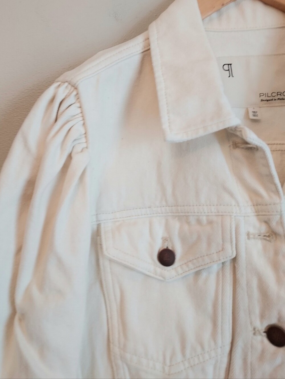 Anthropologie Pilcro White Denim Jean Puff Sleeve Jacket Size Large NEW NWT - Picture 6 of 12